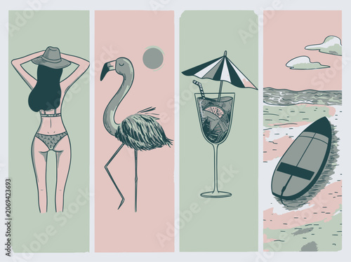 Summer vacation theme with bikini girl flamingo cocktail and surfboard against pastel background