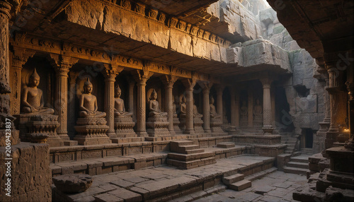 Interior of an ancient cave temple featuring detailed statues illuminated by striking lighting effects