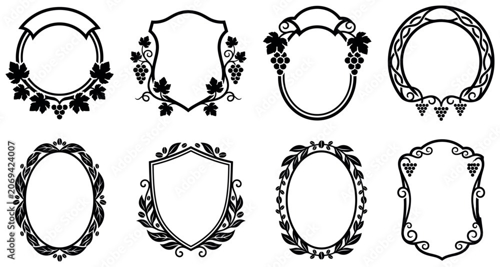 Fototapeta premium Decorative frames with grape vines and leaves for wine labels vector.