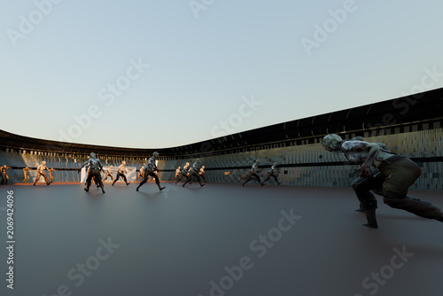 Digital 3D render of an undead invasion in a futuristic sports arena Zombie walk near to goal