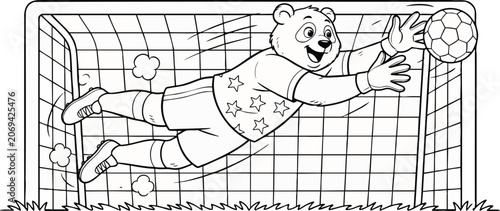 Cute panda goalkeeper diving to catch soccer ball in front of goal post net for children coloring book vector graphic.