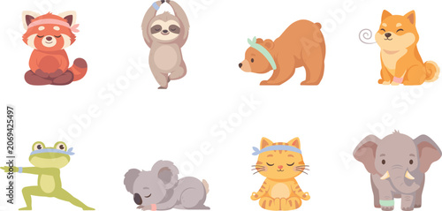 Canvas Print Cute Cartoon Animals Doing Yoga and Meditation Vector Set Featuring Red Panda, S