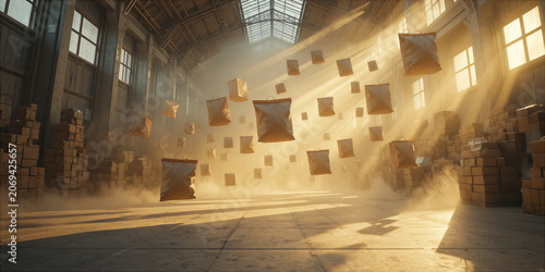 Ethereal packages suspended in a warehouse illuminated by striking light and enveloped in a soft mist