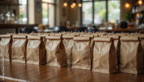A collection of brown paper bags arranged neatly on a wooden table in a warm and inviting cafe atmosphere with gentle lighting