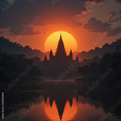 Breathtaking sunset casts vibrant colors over historic temple mirrored in tranquil waters showcasing the splendor of nature