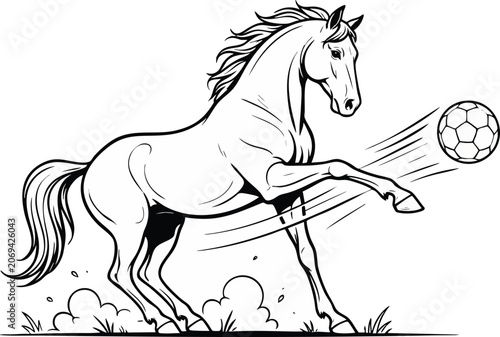 Horse kicking a soccer ball illustration for coloring page featuring strong stallion character playing sports on grass field.