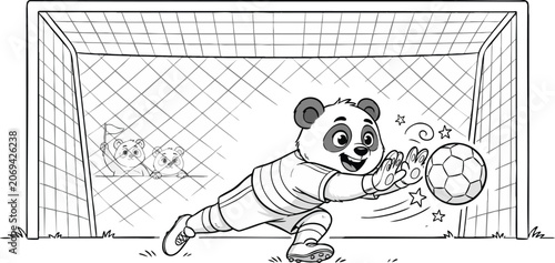 Panda bear goalkeeper catching a soccer ball in net for coloring page featuring cute animal athlete playing football match.
