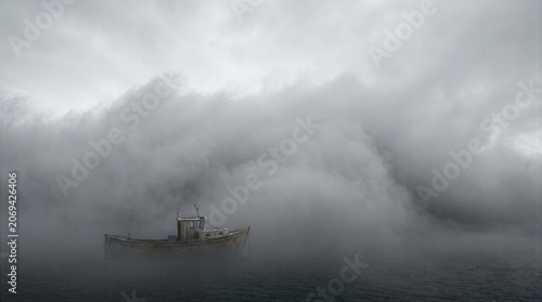 Lone Person in Wooden Boat on a Foggy Lake