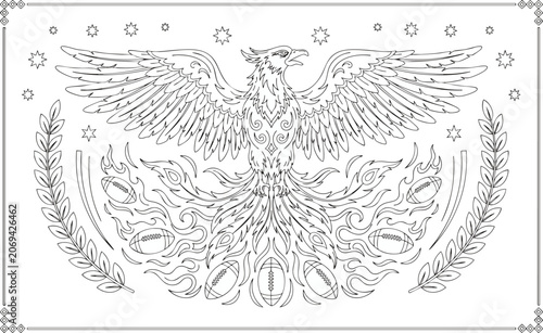 Phoenix bird symbol with american footballs and laurel wreaths for coloring page featuring mythical creature fire patterns.