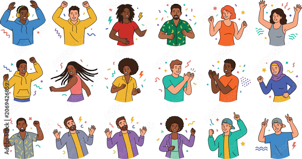 Fototapeta premium Diverse Group of People Dancing and Celebrating Vector Illustration Set with Happy Multiracial Characters for Party and Festive Event Graphic Designs