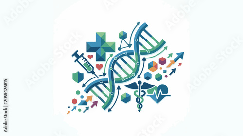A colorful graphic illustration of DNA, medical symbols, and various shapes