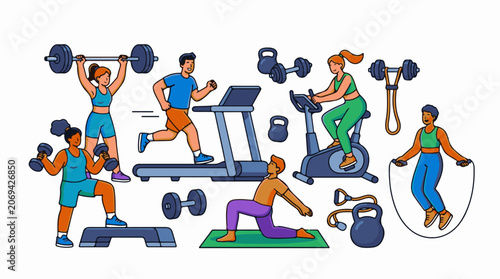A colorful illustration of people exercising with various gym equipment (2)