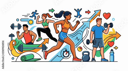 A colorful illustration of people exercising and working out with fitness equipment