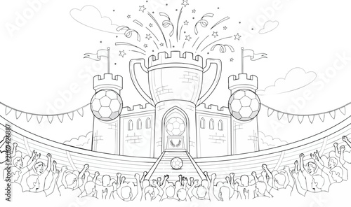 Stadium crowd cheering for soccer tournament trophy designed as castle with footballs and fireworks for coloring book.