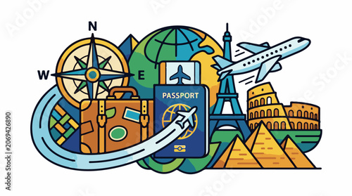 A colorful illustration of travel-related items