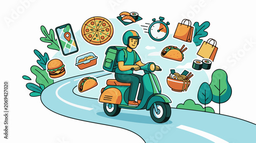 A delivery person rides a scooter on a winding road surrounded by food
