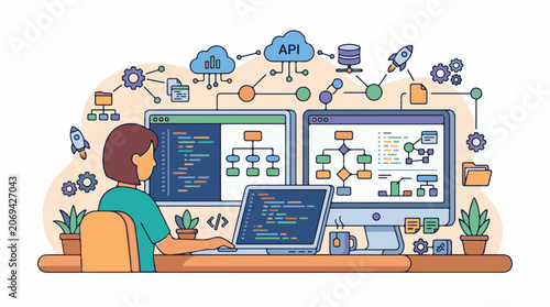 A developer sits at a desk with multiple computer screens displaying code and charts