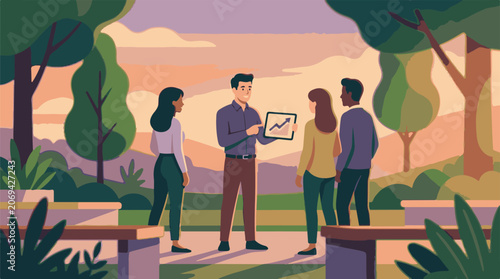A group of people discussing a graph in a park
