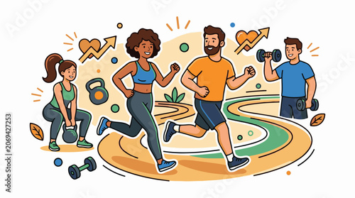 A group of people running and exercising outdoors with fitness equipment