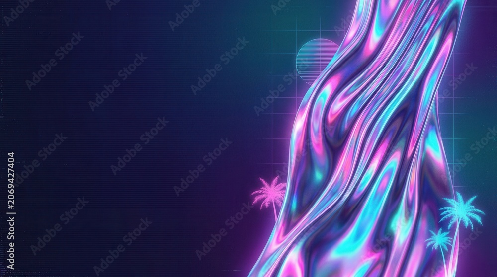 Fototapeta premium Abstract Swirling Metallic Fabric with Neon Glow and Starburst Accents.