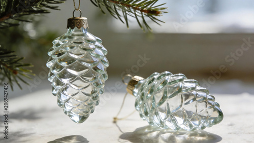 Glass pinecone ornaments on festive background