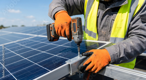 Worker installing solar panels with electric screwdriver on roof, renewable energy system production.