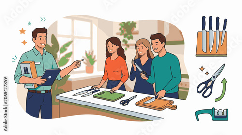 A man presents to three people in a kitchen with cutting boards and knives
