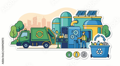 A colorful illustration of a recycling truck and facility with a worker