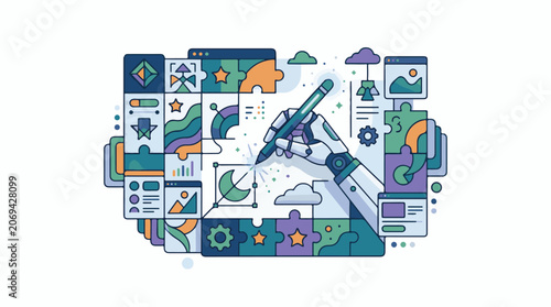 A colorful illustration of a robotic hand holding a pencil surrounded by puzzle pieces