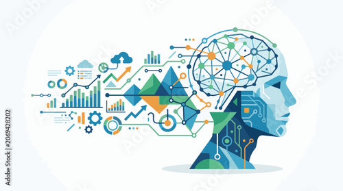 A stylized blue human head with circuit board details and colorful data visualization graphics emerging from it