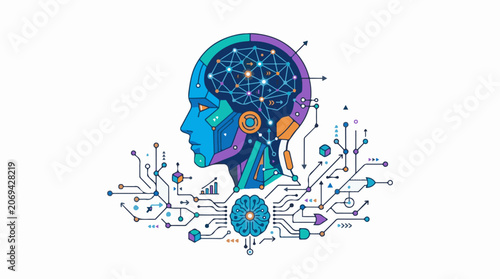 A colorful illustration of a human head with a brain that looks like a circuit board