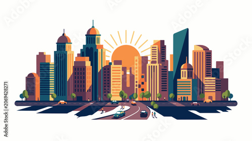 A stylized cityscape at sunrise with modern buildings and busy streets