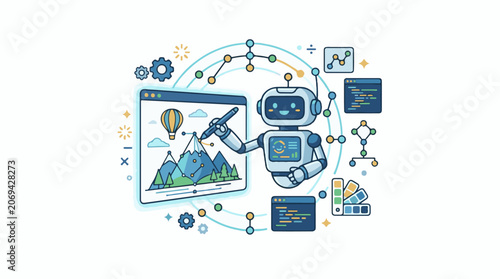 A robot interacts with a browser window showing a mountain landscape with a hot air balloon