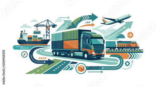 A stylized illustration showcasing various transportation modes for logistics and supply chain
