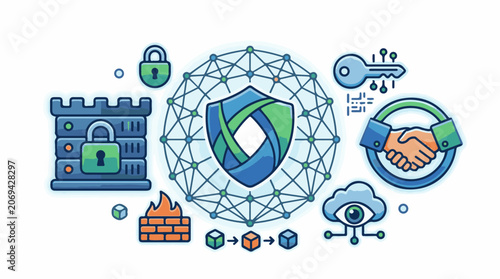 A stylized graphic illustration of cybersecurity and data protection concepts