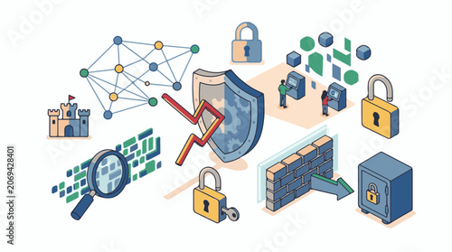 A computer-generated image depicting a safety shield with a broken line surrounded by various cybersecurity-related ico