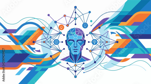 A digital illustration of a blue human head with abstract shapes and lines