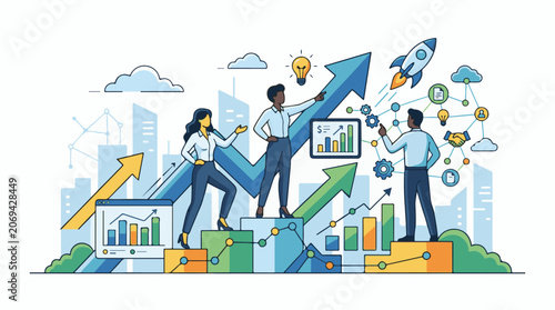 Business people standing on graphs and arrows with cityscape background