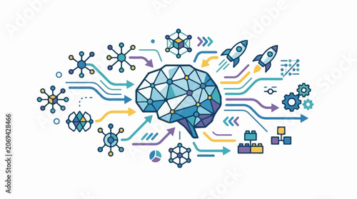 A low-poly brain with colorful molecular structures arrows gears and rockets on white