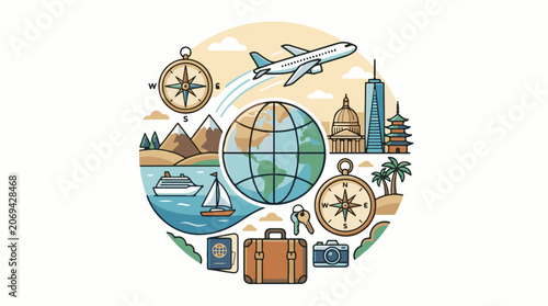 A colorful illustration of travel icons including landmarks transportation and navigation tools
