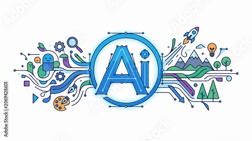 A vibrant illustration of the term AI surrounded by various creative and technological symbols