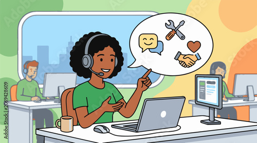 A woman wearing a headset sits at a desk with a laptop and monitor gesturing towards a speech bubble with a wrench scr
