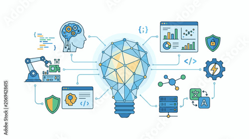 A lightbulb with a network of lines and nodes surrounded by various icons