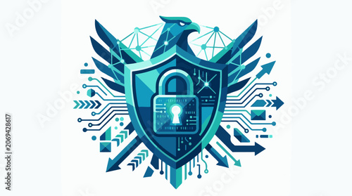 A blue shield with an eagle and lock on a white background with circuit board designs