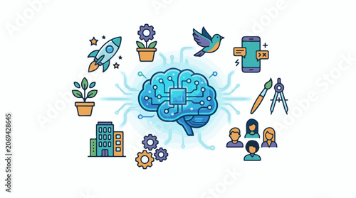 A blue brain with circuit board details surrounded by various icons