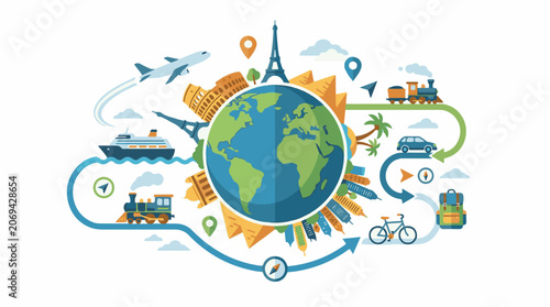 A graphic illustration of a globe surrounded by various travel-related icons (1)