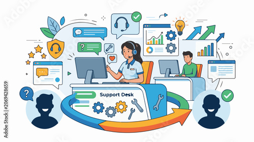 A vibrant illustration depicting a support team in action