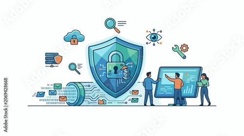 A digital illustration depicting a shield with padlock people and cybersecurity symbols