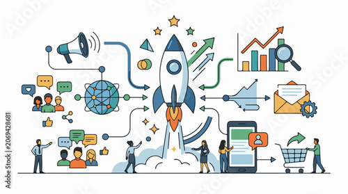 A colorful infographic depicting a rocket launching with people and digital icons