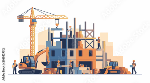 A construction site with workers and heavy machinery building a structure (1)